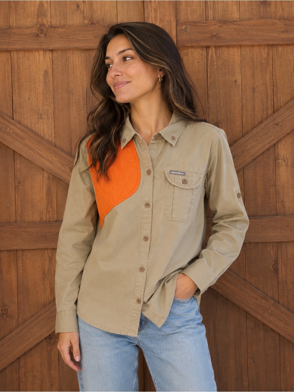 Eddie Bauer Women’s Small Khaki Shooting Shirt with Orange Quilted Shoulder Pad